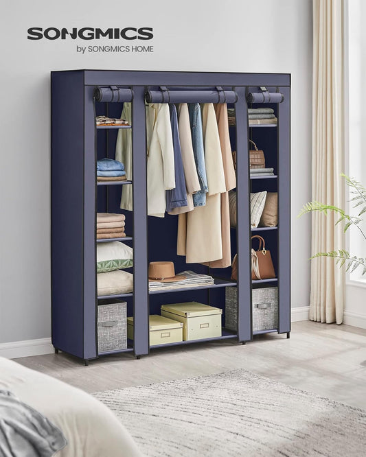 SONGMICS - Kleiderschrank, Stoffschrank, mit Überzug aus Vliesstoff, Faltschrank mit Kleiderstange, 12 Ablagen, Metallrahmen, Marineblau