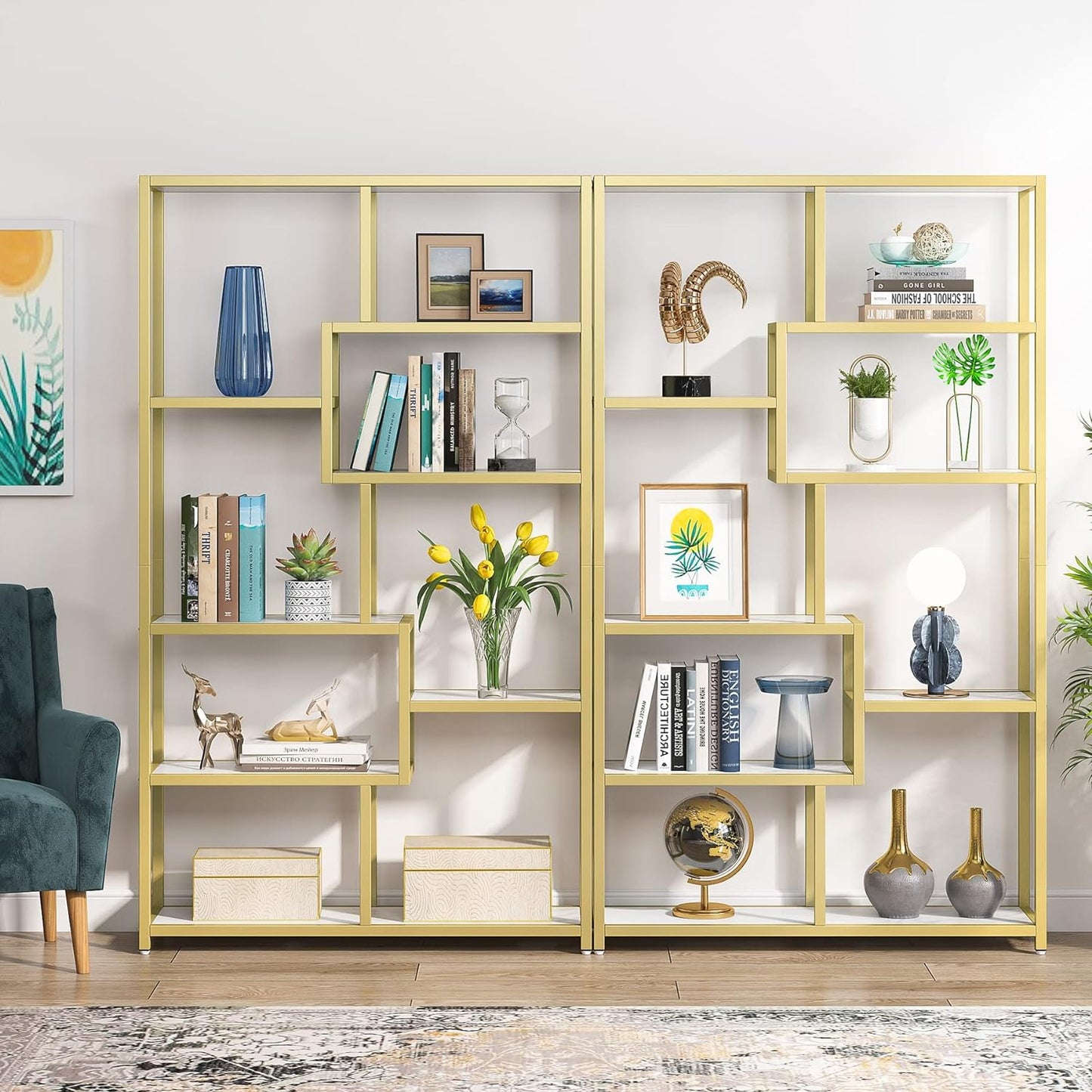 Bücherregal, Bücherregal Schmal, Bücherregal Gold, Bücherregal mit 8 Ablagen, Aufbewahrungs-Organizer, Tribesigns, 9