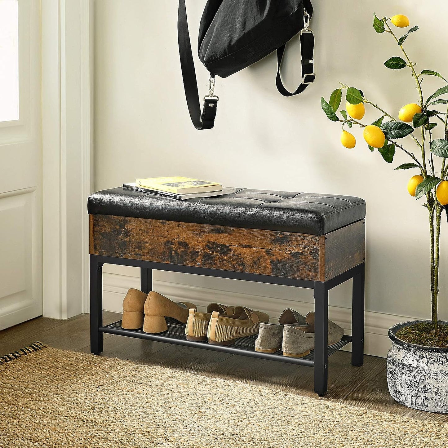 Sitzbank, Schuhbank, Betttruhe, Schuhschrank, Betttruhe mit Stauraum, gepolsterte Truhe, Metall, Kunstleder, VASAGLE, 1