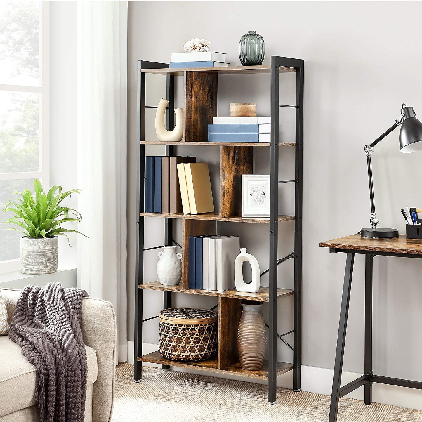 Vasagle - Bücherregal, Büroregal, Raumteiler mit 4 Ebenen, Standregal im Industrie-Design, Wohnzimmer, Büro, Arbeitszimmer, viel Stauplatz, groß