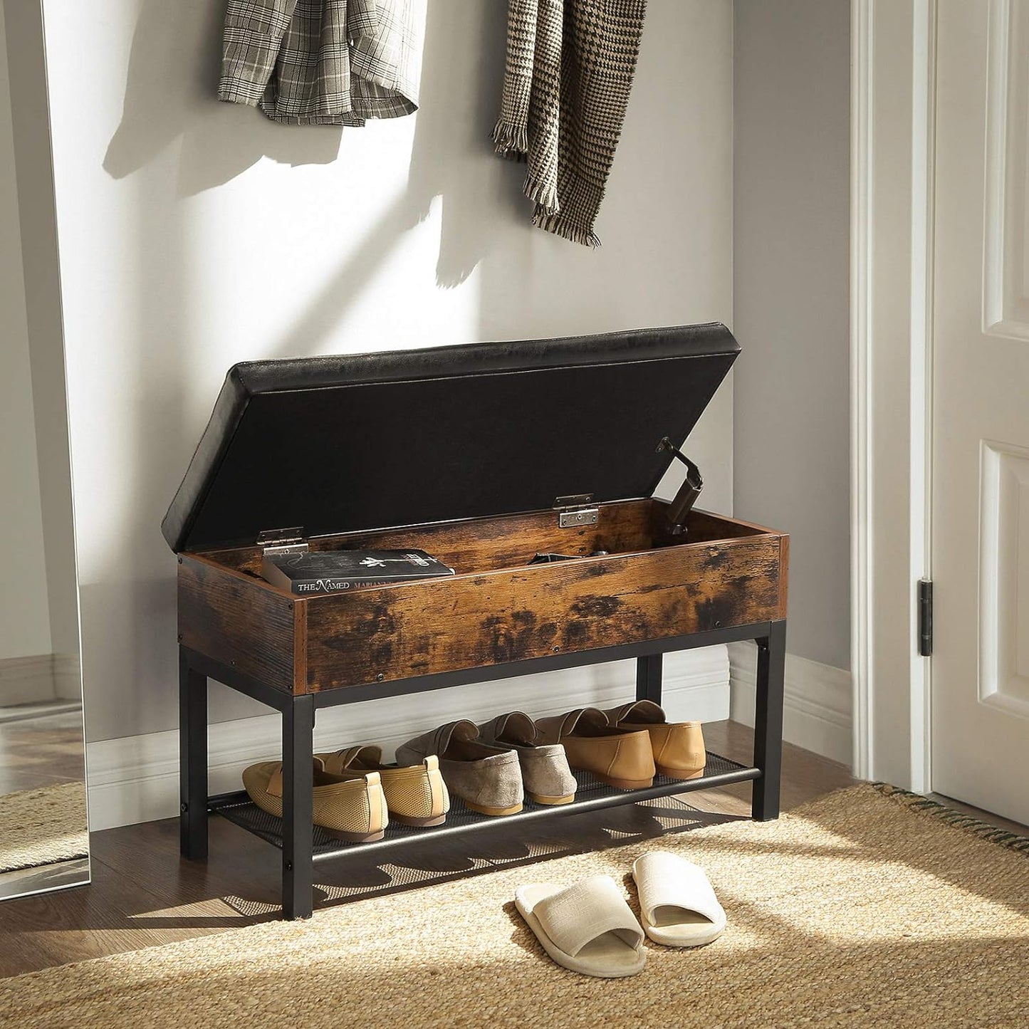 Sitzbank, Schuhbank, Betttruhe, Schuhschrank, Betttruhe mit Stauraum, gepolsterte Truhe, Metall, Kunstleder, VASAGLE, 2