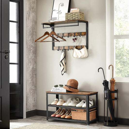 Wandgarderobe, Kleiderstange Wand, 2 Garderobenleisten, mit Ablage, Wandregal mit 10Haken, Hängeregal, Vasagle, 3