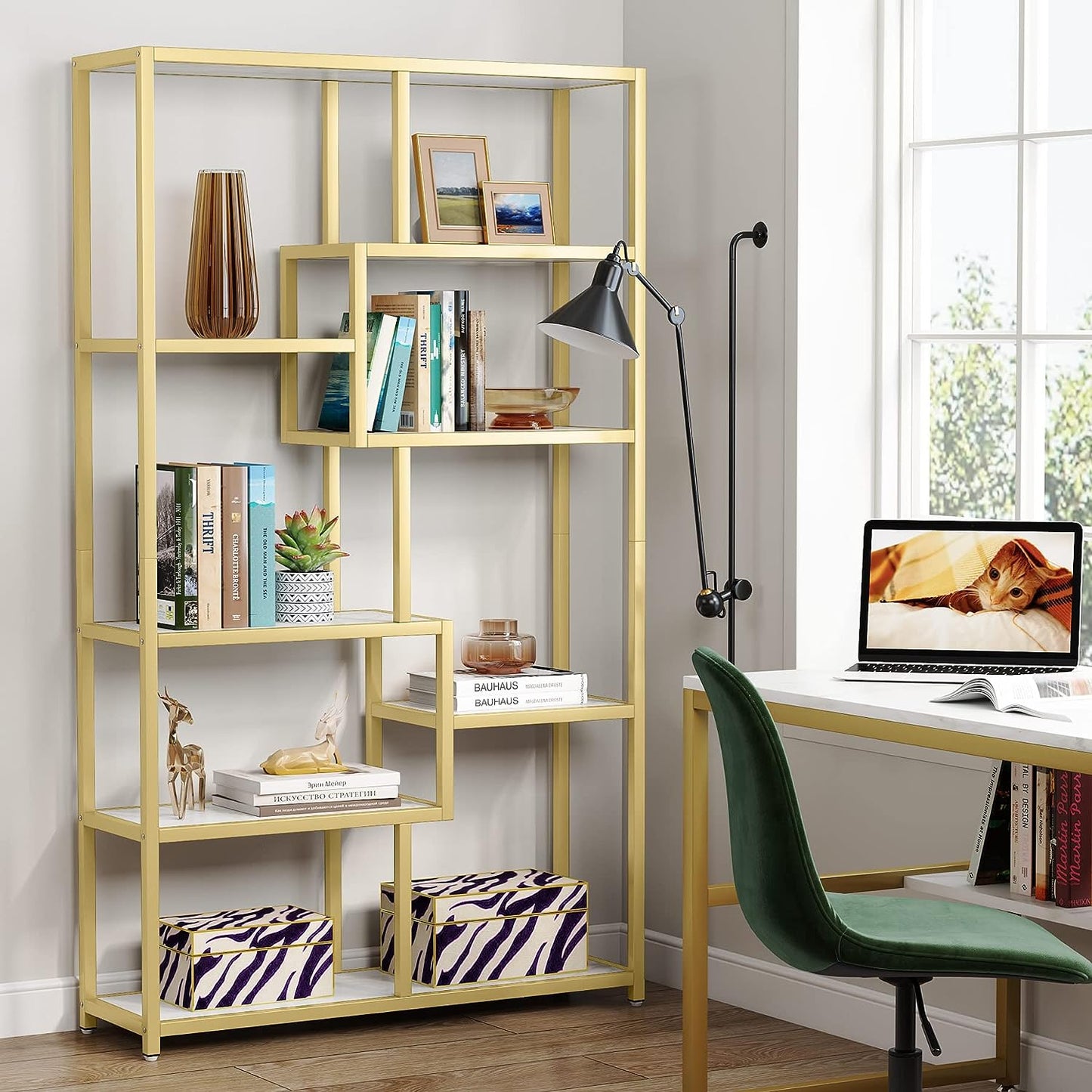 Bücherregal, Bücherregal Schmal, Bücherregal Gold, Bücherregal mit 8 Ablagen, Aufbewahrungs-Organizer, Tribesigns, 2