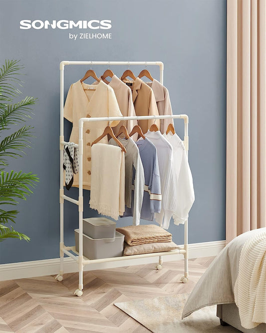 Kleiderständer, Garderobenständer, Kleiderständer klein, Metall, mit 2 Kleiderstangen, 1 Ablage, 4 Rollen, weiß, SONGMICS, 1