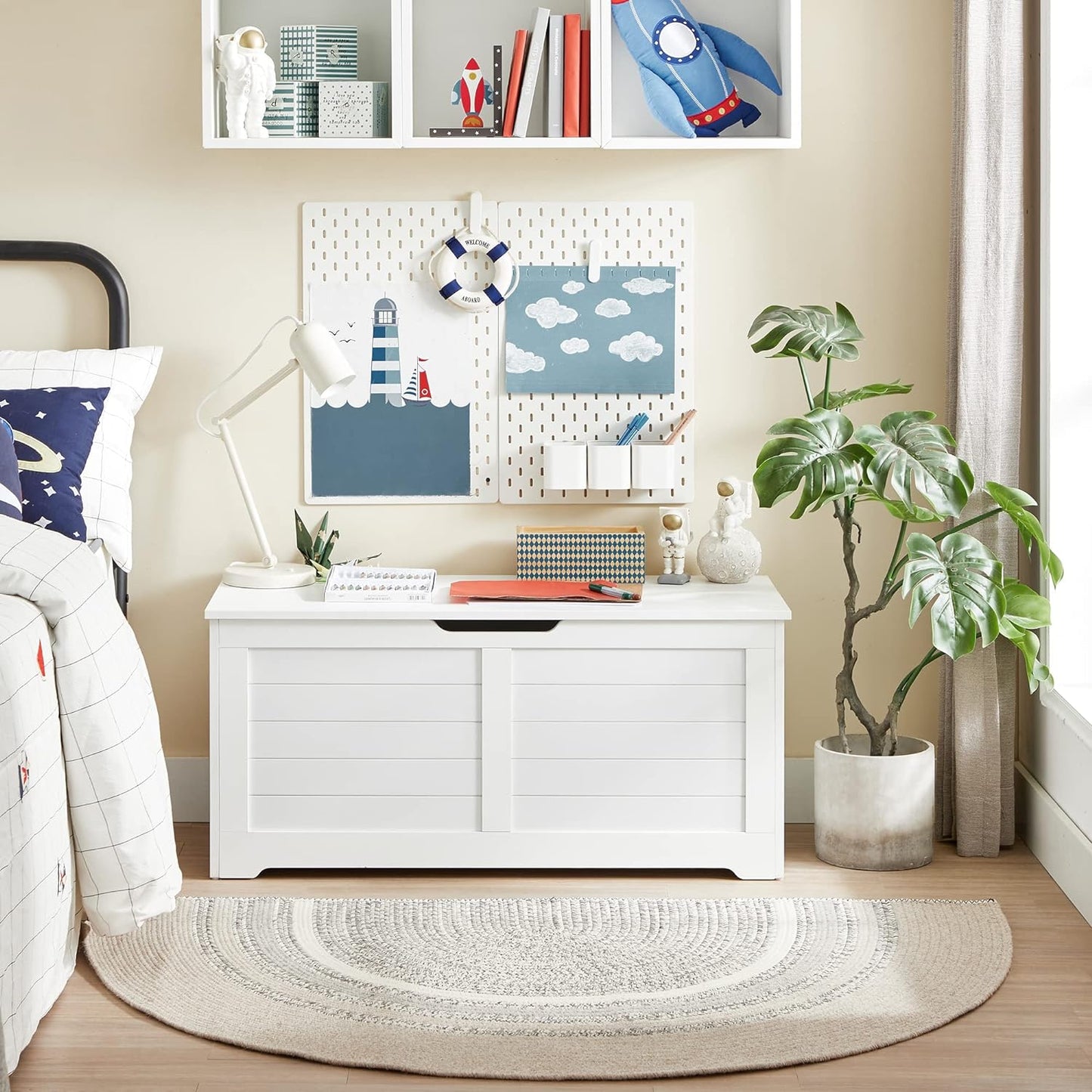 Schuhbank, Sitzbank mit Stauraum, Betttruhe, Sitztruhe mit 2 Sicherheitsscharnieren, Aufbewahrungsschrank, weiß, VASAGLE, 7