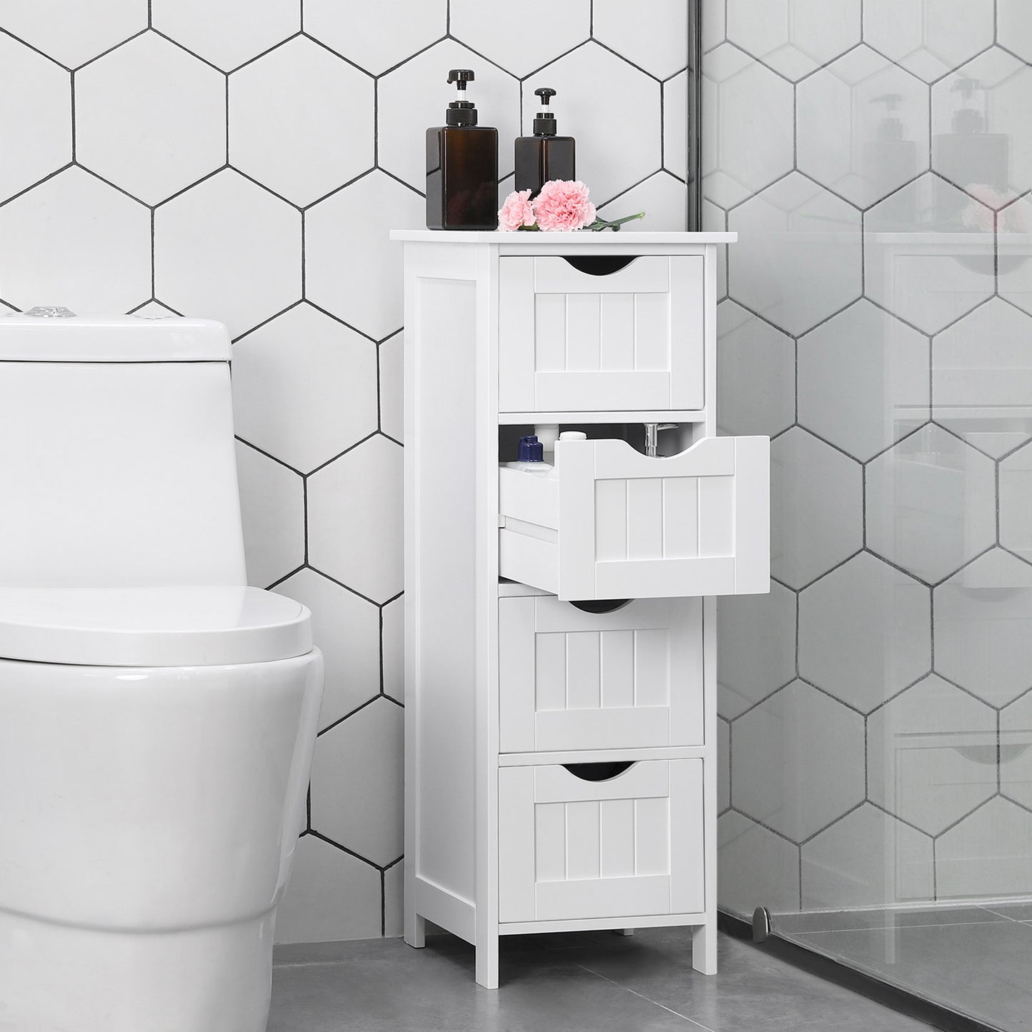 Badschrank, Badschrank aus Holz, Badezimmerschrank, mit 4 Schubladen, Weiß, Vasagle, 1