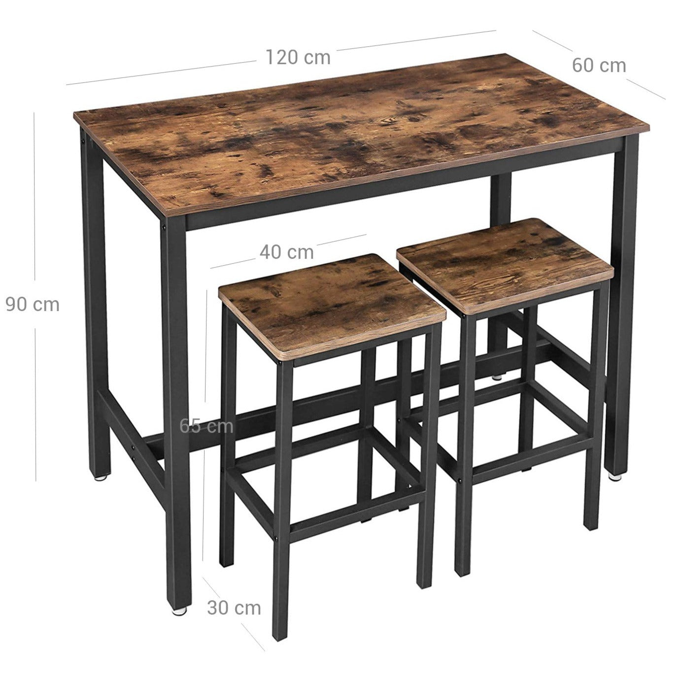 Bartisch mit Hocker, Bartisch mit 2 Stühlen set, Stehtisch mit 2 Barhockern, Stehtisch, Barhocker, vintagebraun, VASAGLE, 6