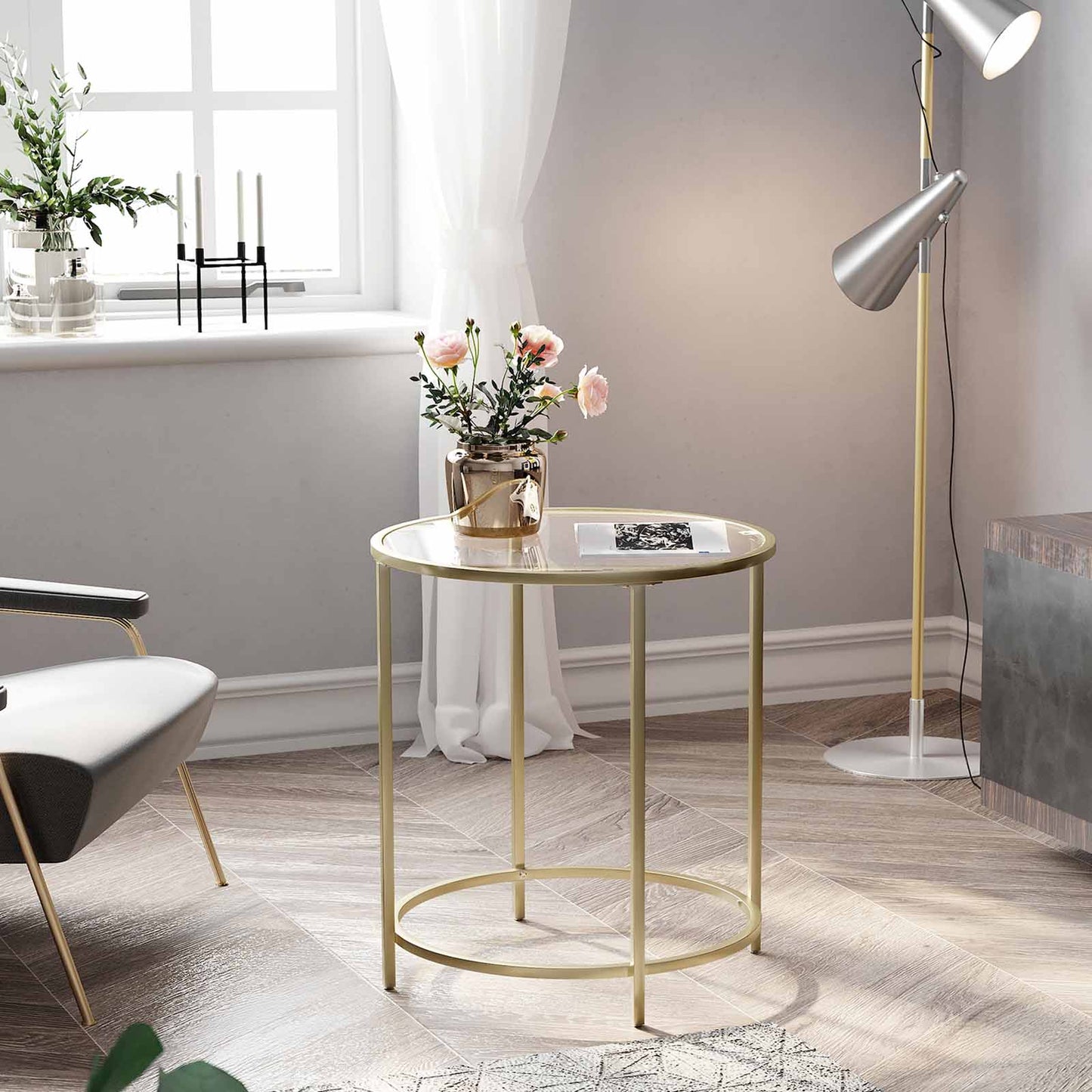 Vasagle - Beistelltisch rund, Glastisch mit goldenem Metallgestell, kleiner Couchtisch, Nachttisch, Sofatisch, Balkon, robustes Hartglas, stabil