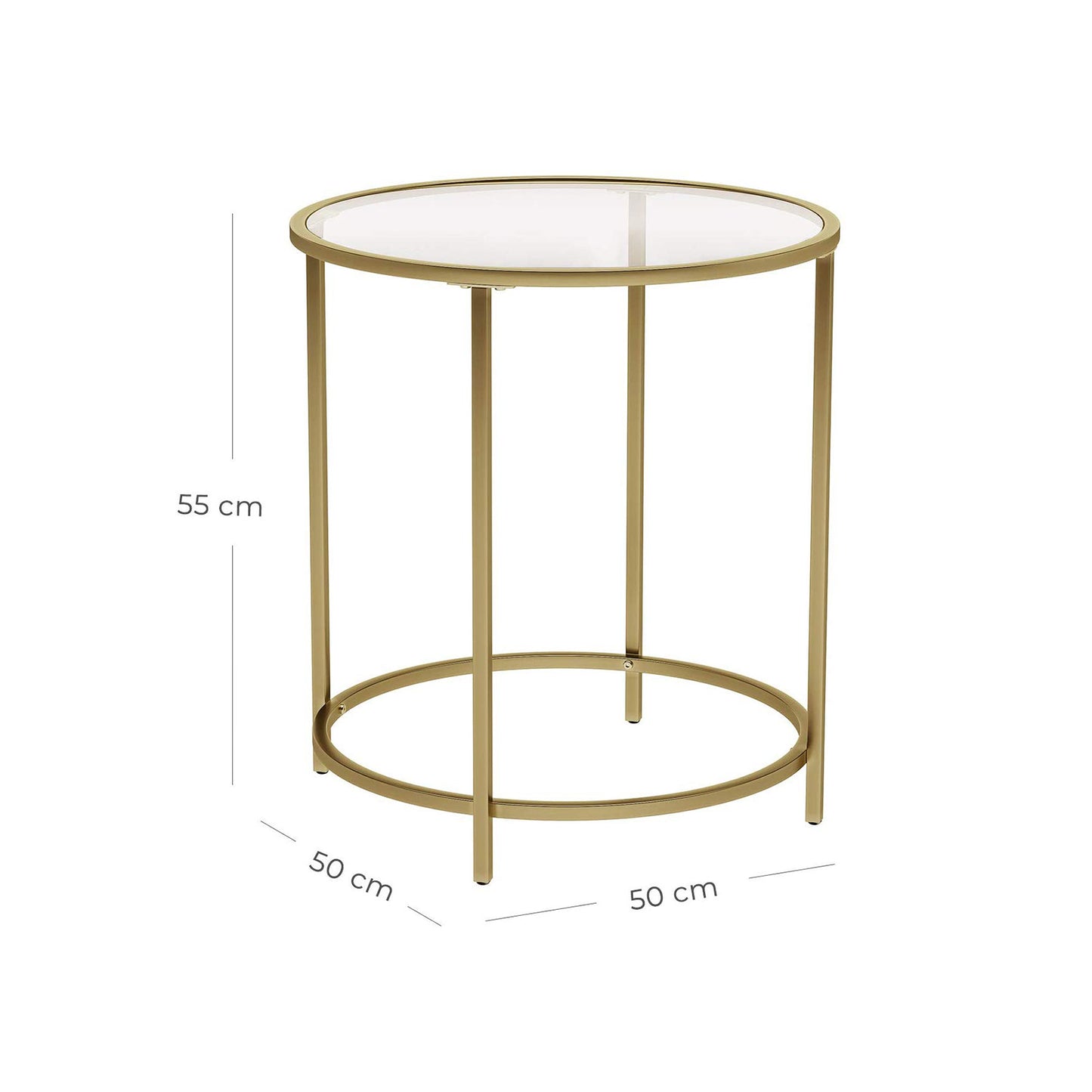 Vasagle - Beistelltisch rund, Glastisch mit goldenem Metallgestell, kleiner Couchtisch, Nachttisch, Sofatisch, Balkon, robustes Hartglas, stabil