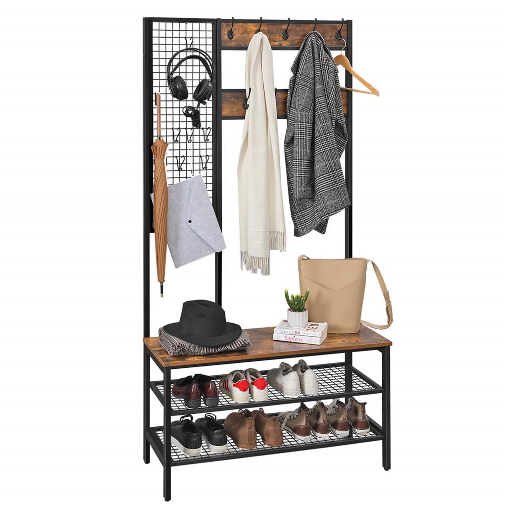 Garderobe mit Sitzbank, Großer, Flurgarderobe, 185 cm hoch, Kleiderständer mit 9 Kleiderhaken und Schuhregal, Vasagle, 1