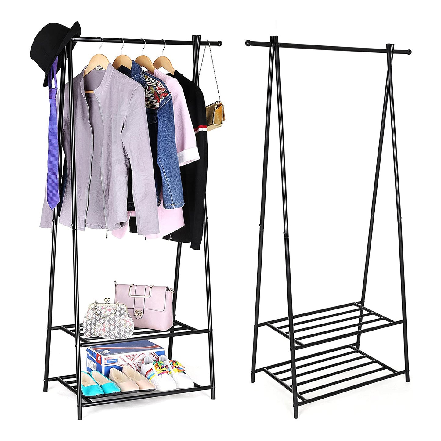 SONGMICS - Kleiderständer, Garderobenständer, Garderobe, Kleiderstange + 2 Ablagen für Schuhe und Boxen, ideal für Schlafzimmer, Flur, Büro, schwarz