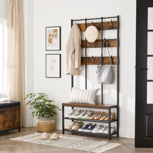 Garderobe, Flurgarderobe, Flurgarderobe Schmal, Flurgarderobe mit Sitzbank, mit 8 Haken und Sitzfläche, Vintage, Vasagle, 2