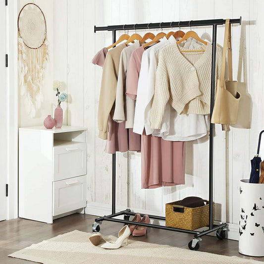 Songmics Schwerlast-Kleiderständer, Garderobenständer auf Rollen, bis 90kg, mit ausziehbarer Kleiderstange, schwarz