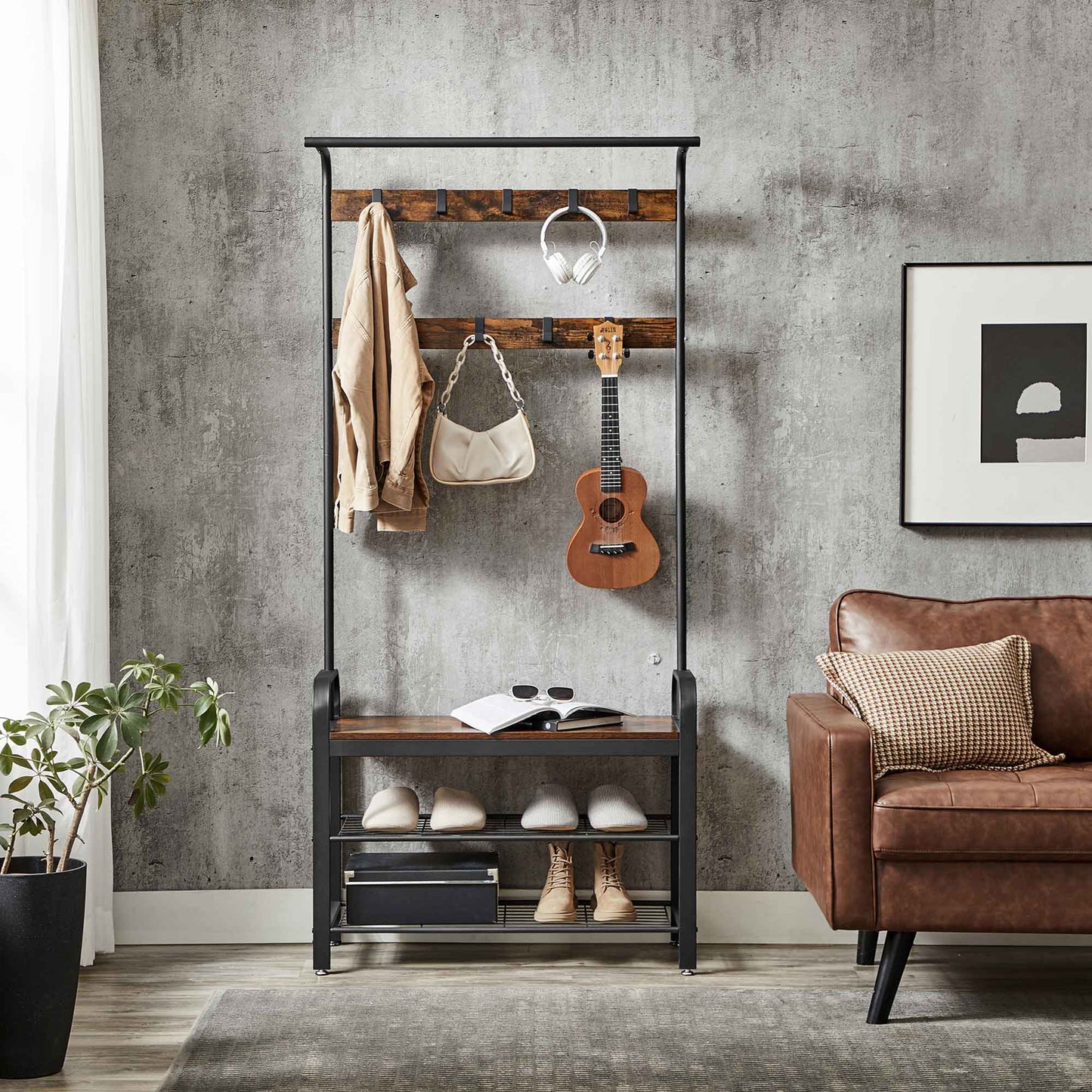 Garderobe, Flurgarderobe, Flurgarderobe mit Sitzbank, Schuhregal mit Sitzfläche, Kleiderständer mit 9 Haken, Vasagle, 2