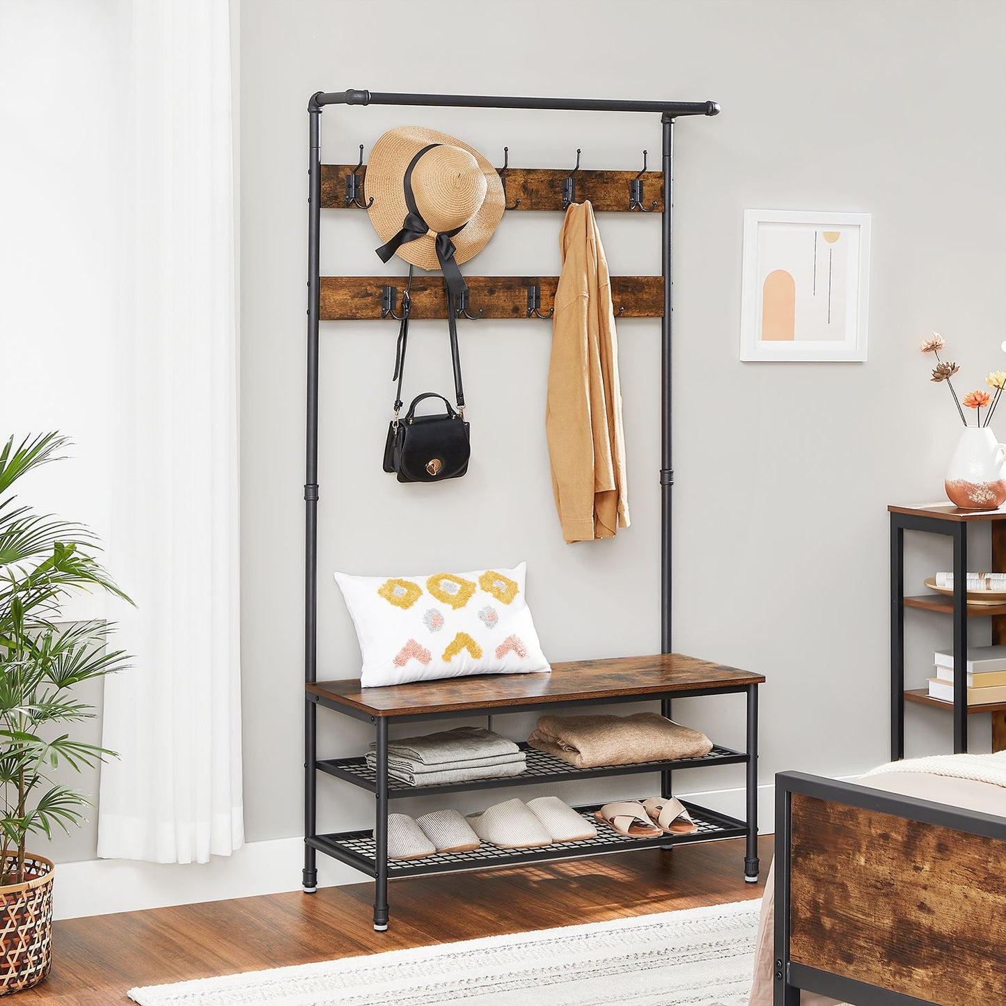 Garderobe mit Sitzbank, Flurgarderobe, bis 100kg, Großer Kleiderständer, Schuhregal, 100x41,5x182cm, Vintage, Vasagle, 6
