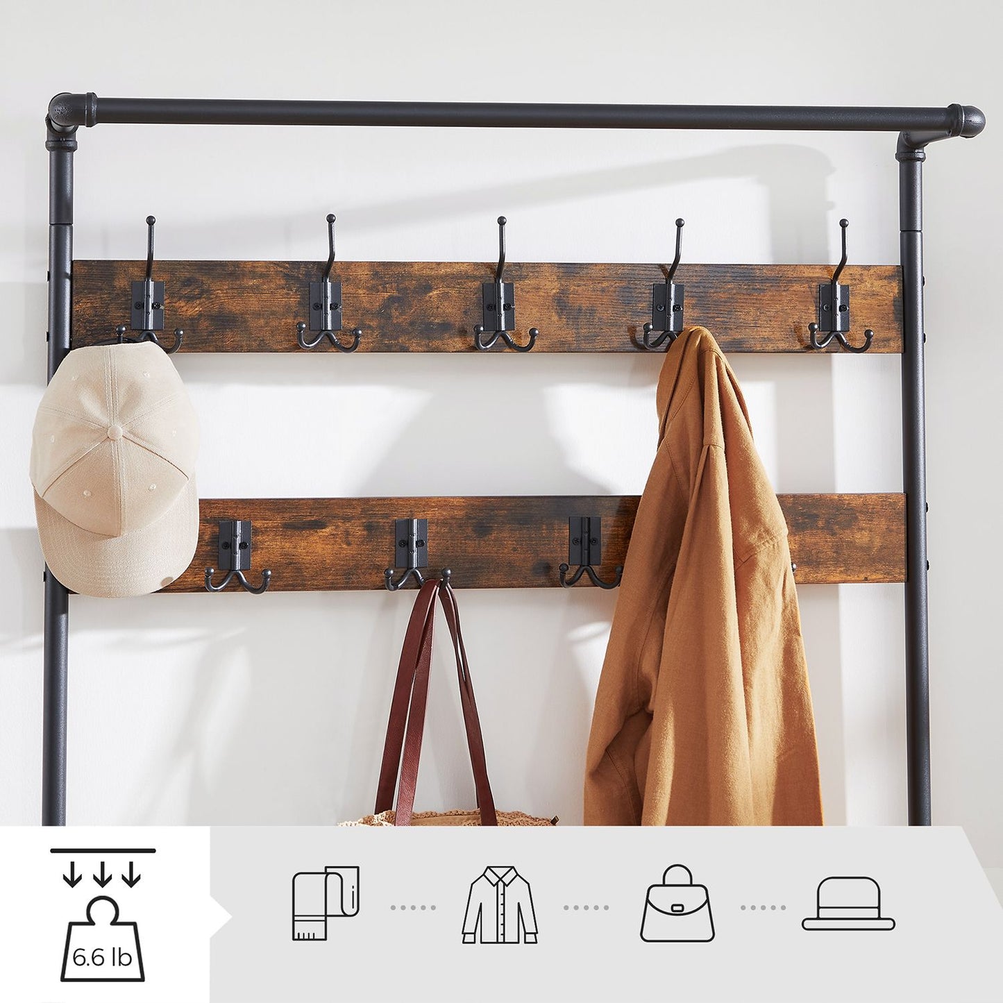 Garderobe mit Sitzbank, Flurgarderobe, bis 100kg, Großer Kleiderständer, Schuhregal, 100x41,5x182cm, Vintage, Vasagle, 3