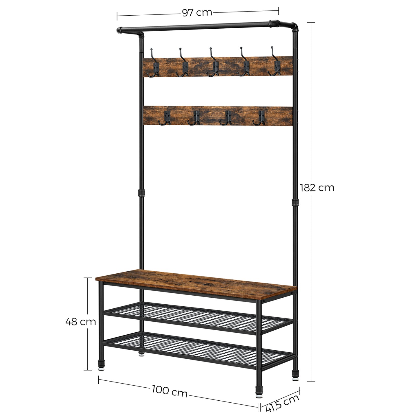 Garderobe mit Sitzbank, Flurgarderobe, bis 100kg, Großer Kleiderständer, Schuhregal, 100x41,5x182cm, Vintage, Vasagle, 5