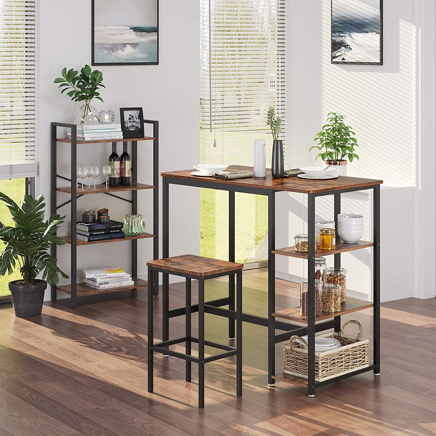 Küchentisch, Bartisch rechteckig, Stehtisch mit 3 Regalablagen, Küchentresen, 109 x 60 x 100 cm, einfacher Aufbau, VASAGLE, 4