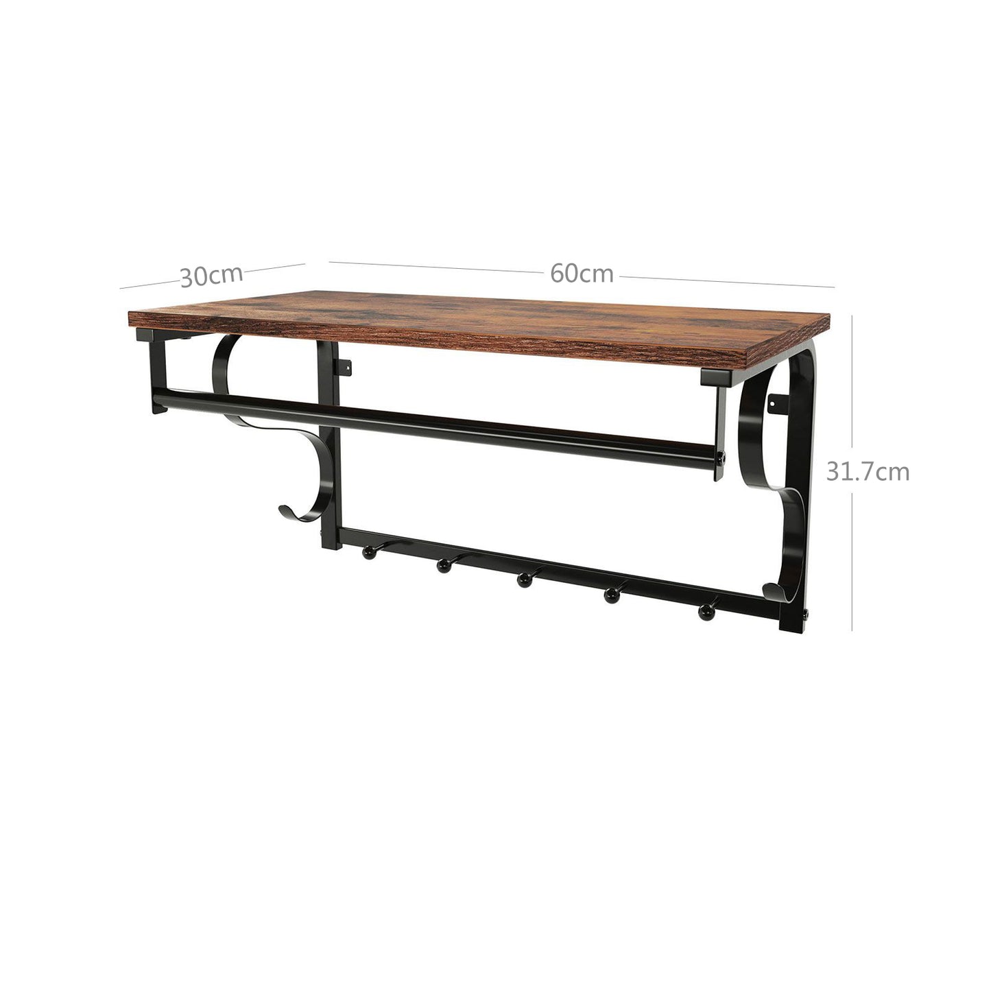 Wandgarderobe Wandregal mit 5 Haken und Ablage, im Industrie-Design, Hakenleiste mit Hängestange, Vasagle, 7