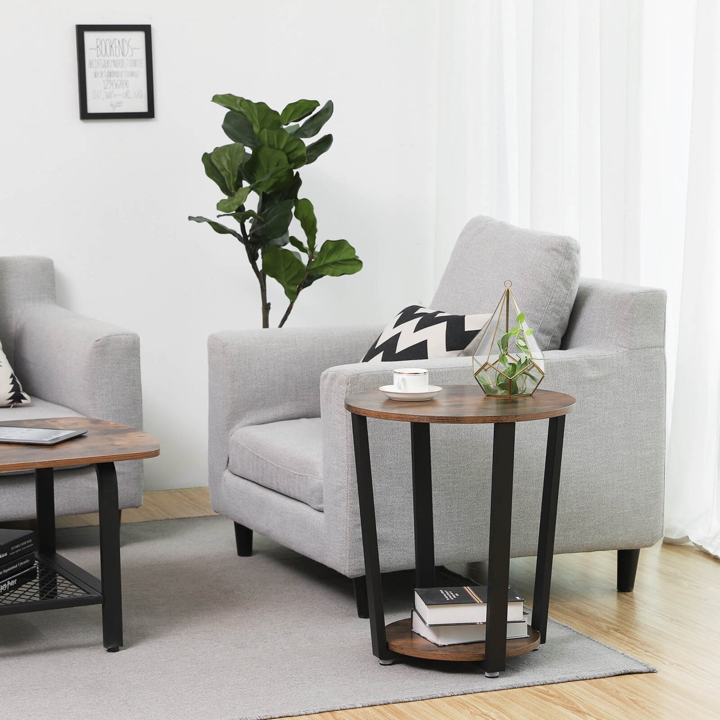 Couchtisch Round, Couchtisch Holz, Runder Beistelltisch, Wohnzimmertisch, Kaffeetisch, Sofatisch mit Eisengestell, Vasagle, 2