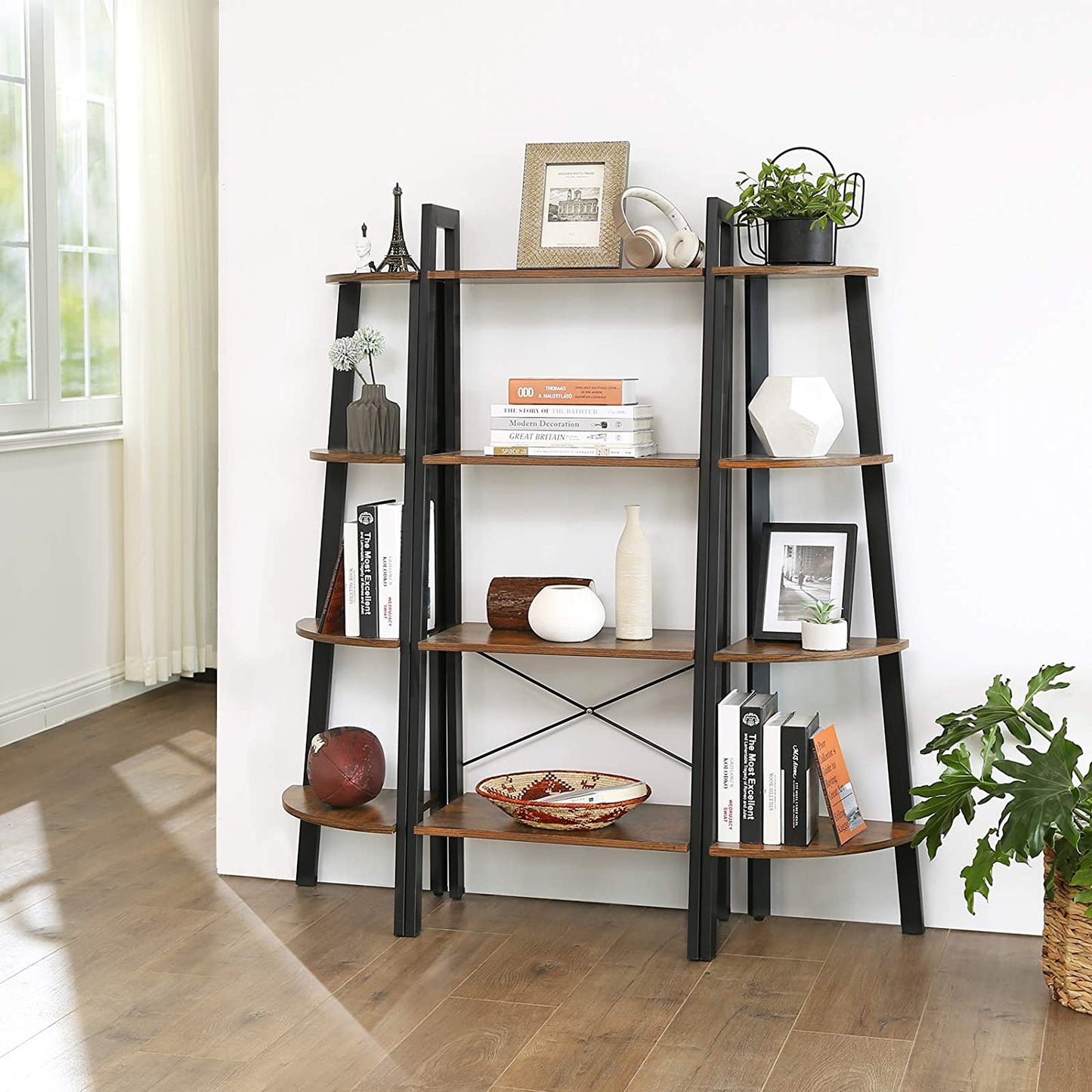 Vasagle - Eckregal, Standregal, Bücherregal, Leiterregal mit 4 Ablagen, einfache Montage, stabiles Stahlgestell, Wohnzimmer, Schlafzimmer, Balkon
