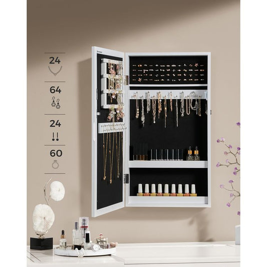 Schmuckschrank, Wandspiegel zum Hängen, mit Tür und Magnetverschluss, Wandmontage, mit Spiegel, für Wand 67x37x10,5 cm Weiß