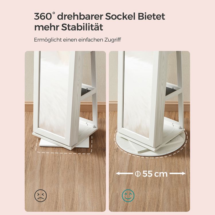 SONGMICS - Schmuckschrank, 360° drehbar, Spiegelschrank, mit Ganzkörperspiegel, Schmuckaufbewahrung mit Schlüsseln, weiß