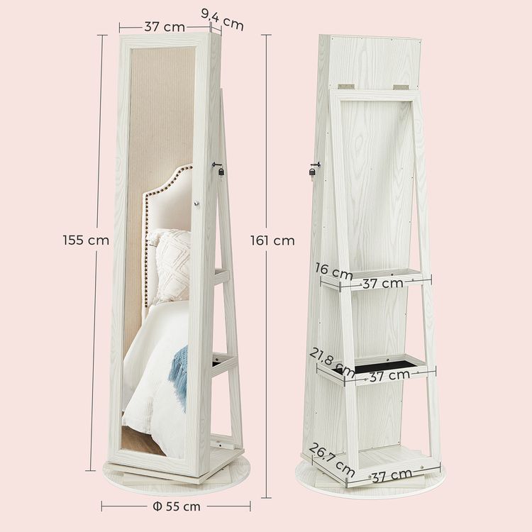 SONGMICS - Schmuckschrank, 360° drehbar, Spiegelschrank, mit Ganzkörperspiegel, Schmuckaufbewahrung mit Schlüsseln, weiß