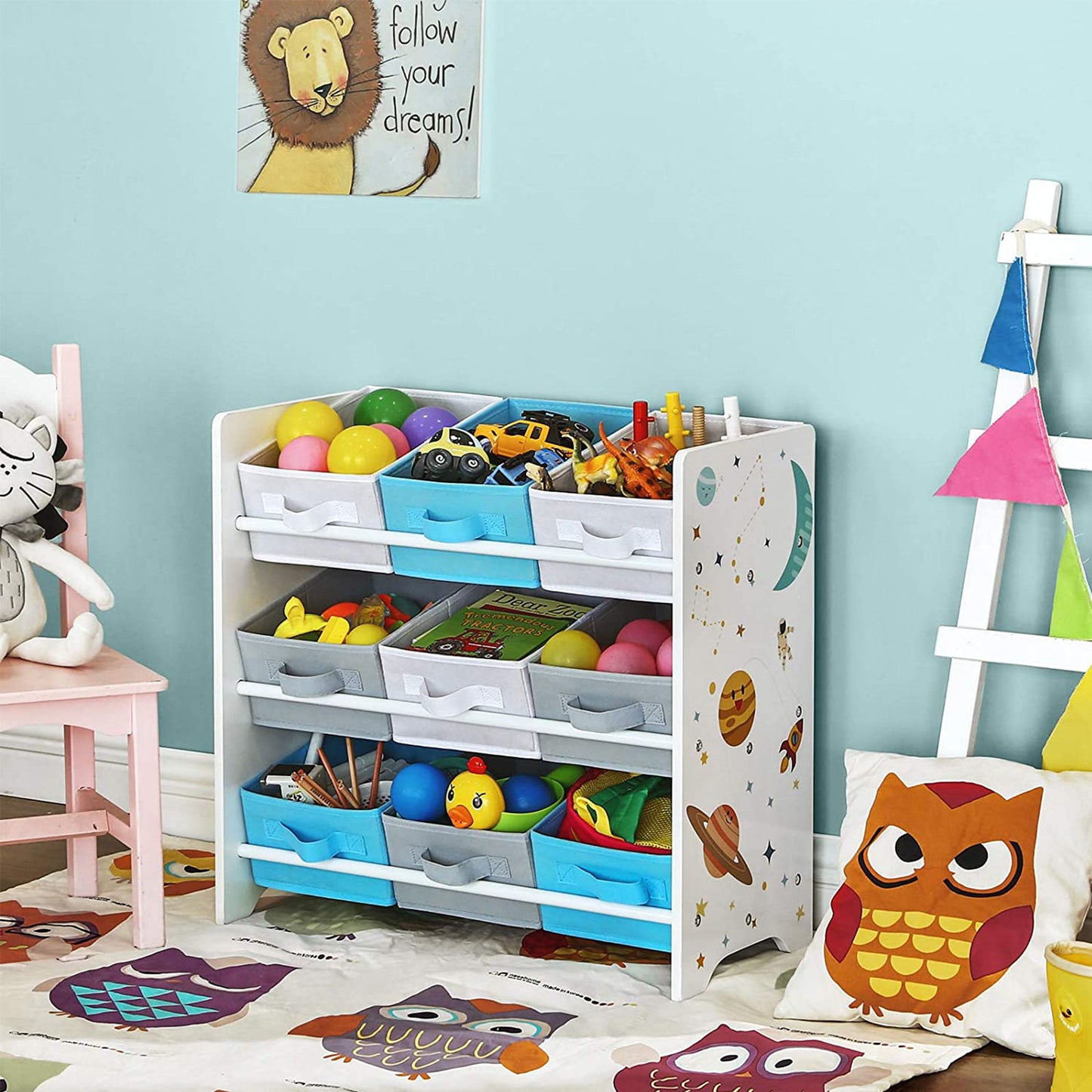 Songmics - Kinderzimmerregal, Spielzeug-Organizer, Bücherregal für Kinder, mit 9 Aufbewahrungsboxen aus Fleece, Kinderzimmer, Schule, Kindergarten