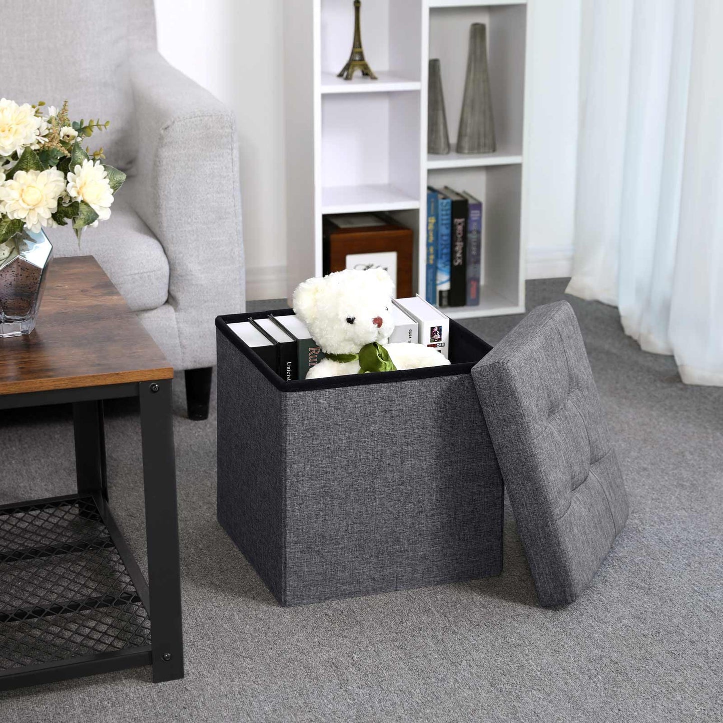 Songmics - Sitzbank, Sitzhocker, mit Stauraum faltbar Sitzwürfel Fußablage leinen 38 x 38 x 38 cm Dunkelgrau
