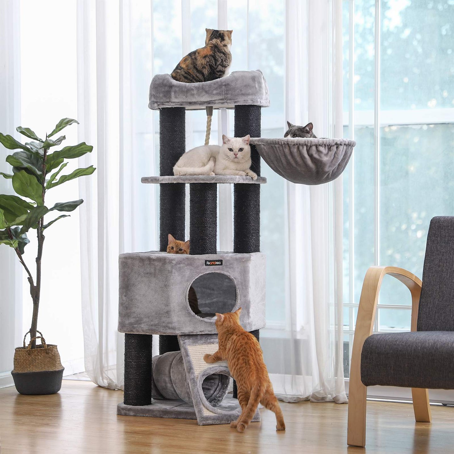 Feandrea - Kratzbaum groß, Katzenbaum mit Flauschiger Aussichtsplattform, Liegemulde und Kuschelhöhle, Katzenturm