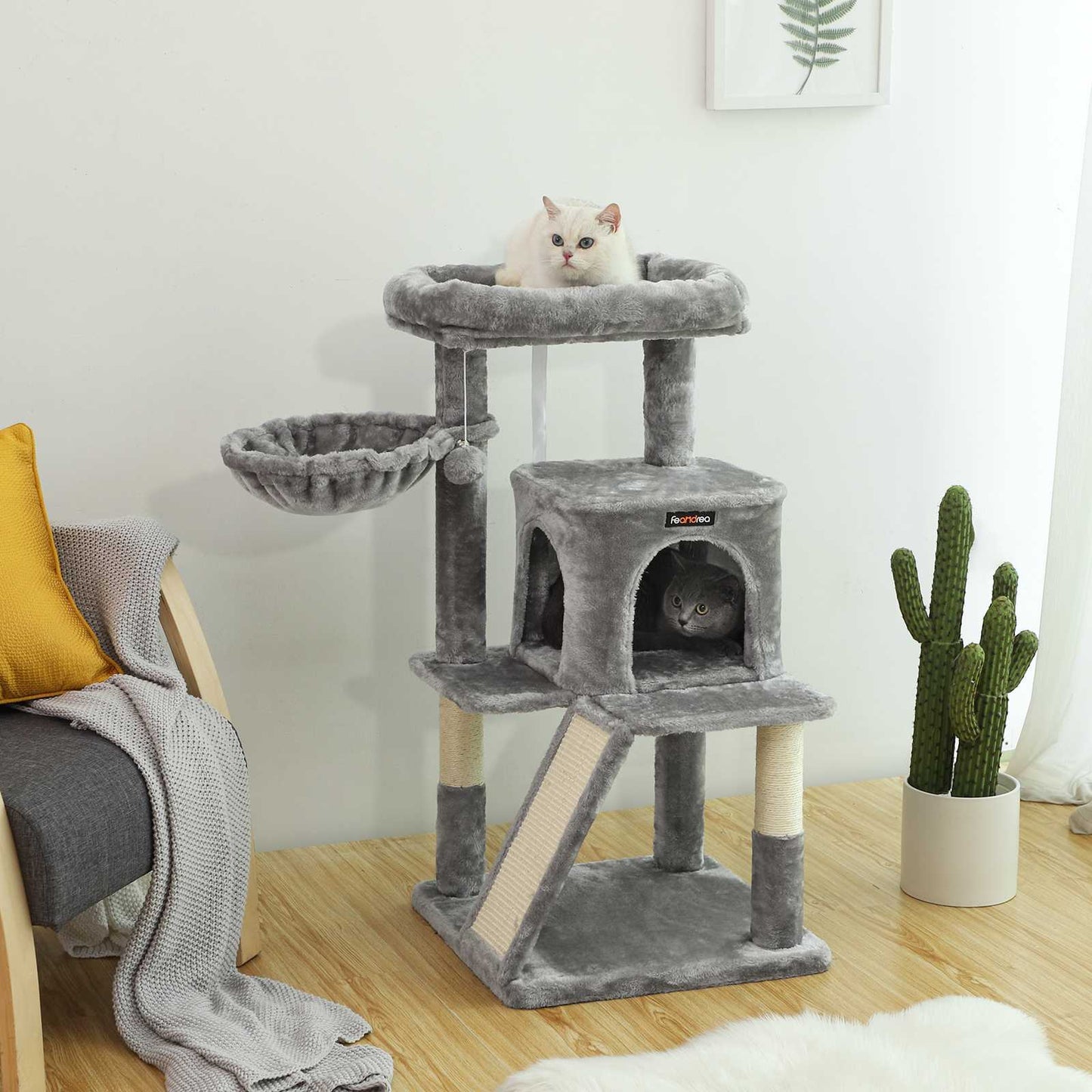 Feandrea - Kratzbaum, Katzenbaum, Kletterturm für Katzen, Kuschelhöhle, Kratzbrett, hellgrau