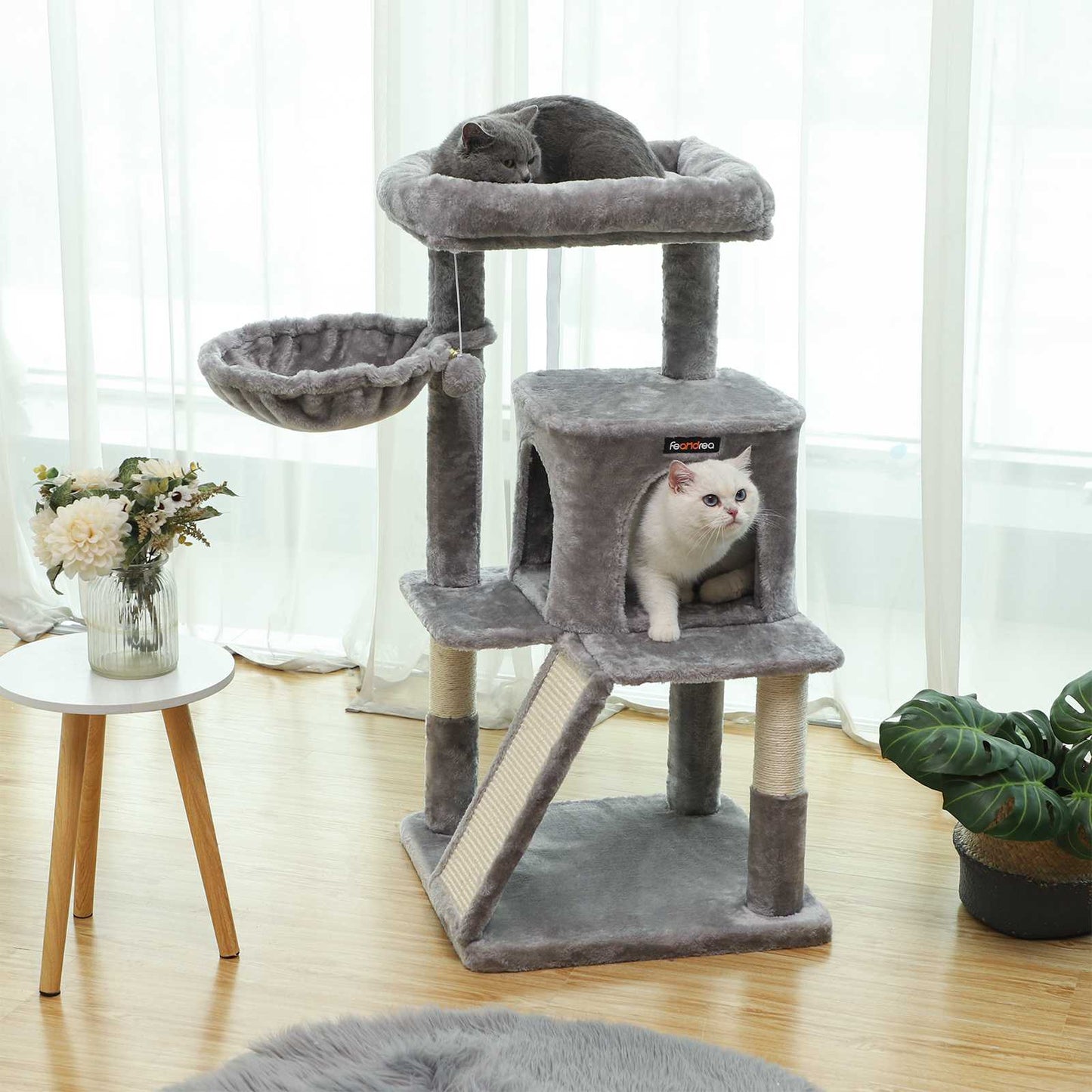 Feandrea - Kratzbaum, Katzenbaum, Kletterturm für Katzen, Kuschelhöhle, Kratzbrett, hellgrau