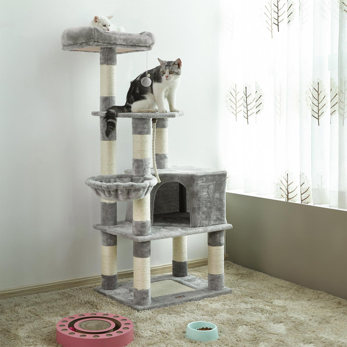 Katzenbaum, 138 cm hoch, Katzenkratzbaum, Kratzbaum für Katzen, Kletterbaum für Katzen, Höhle und Liegeflächen, Feandrea, 2