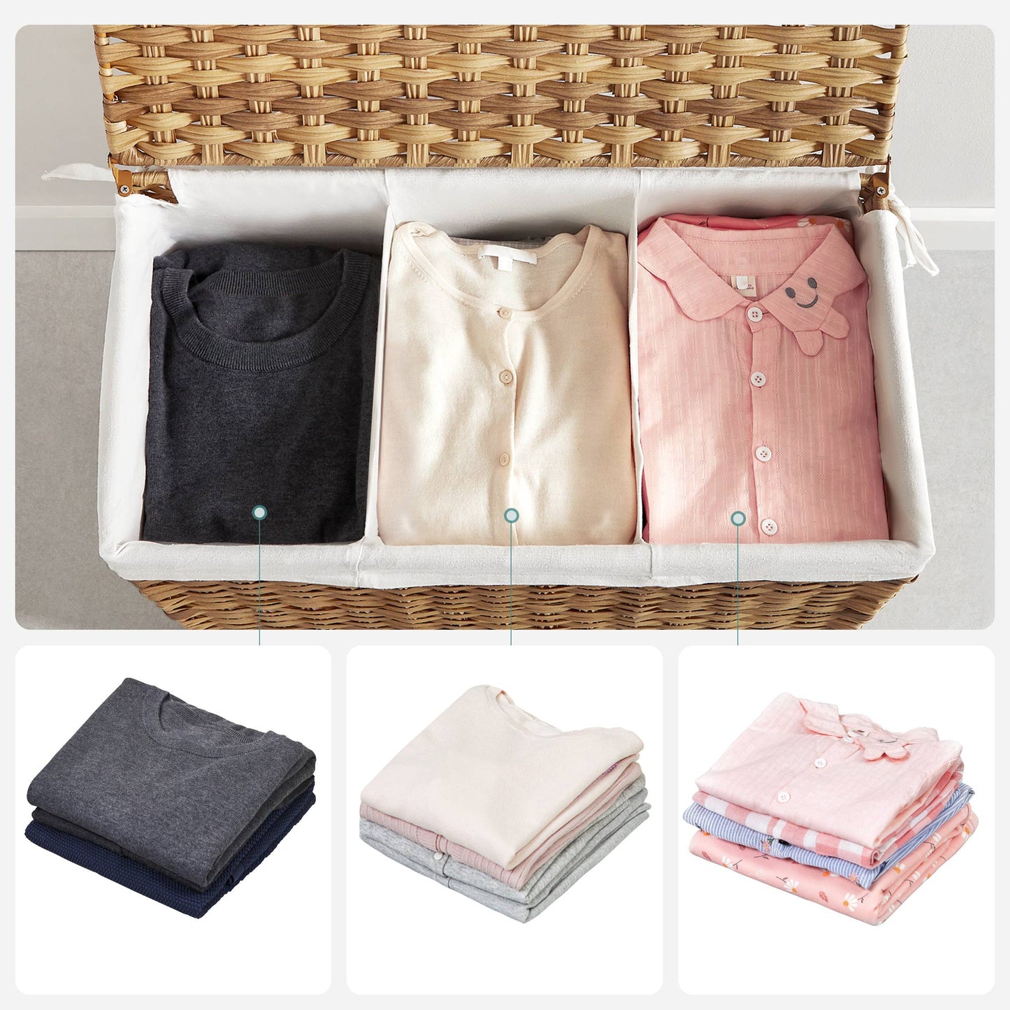 Wäschekorb, Wäschesammler, auf Rollen, Wäschesammler 3 Fächern, 140 L, aus Polyrattan, Wäschesack, Deckel, SONGMICS, 3