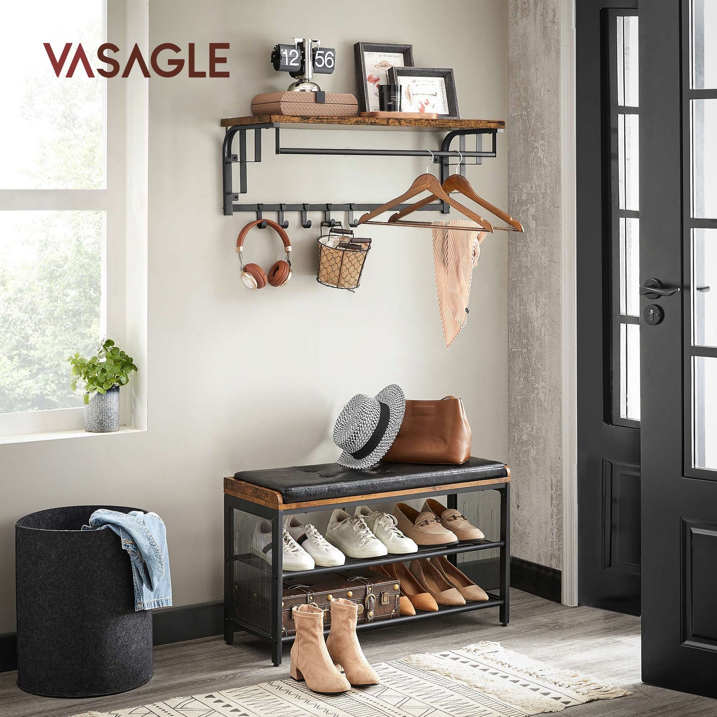 Wandgarderobe mit Ablage, Kleiderstange Wand, mit 5 Haken, wandmontiertes Hängeregal mit Kleiderstange, vintage, VASAGLE, 2