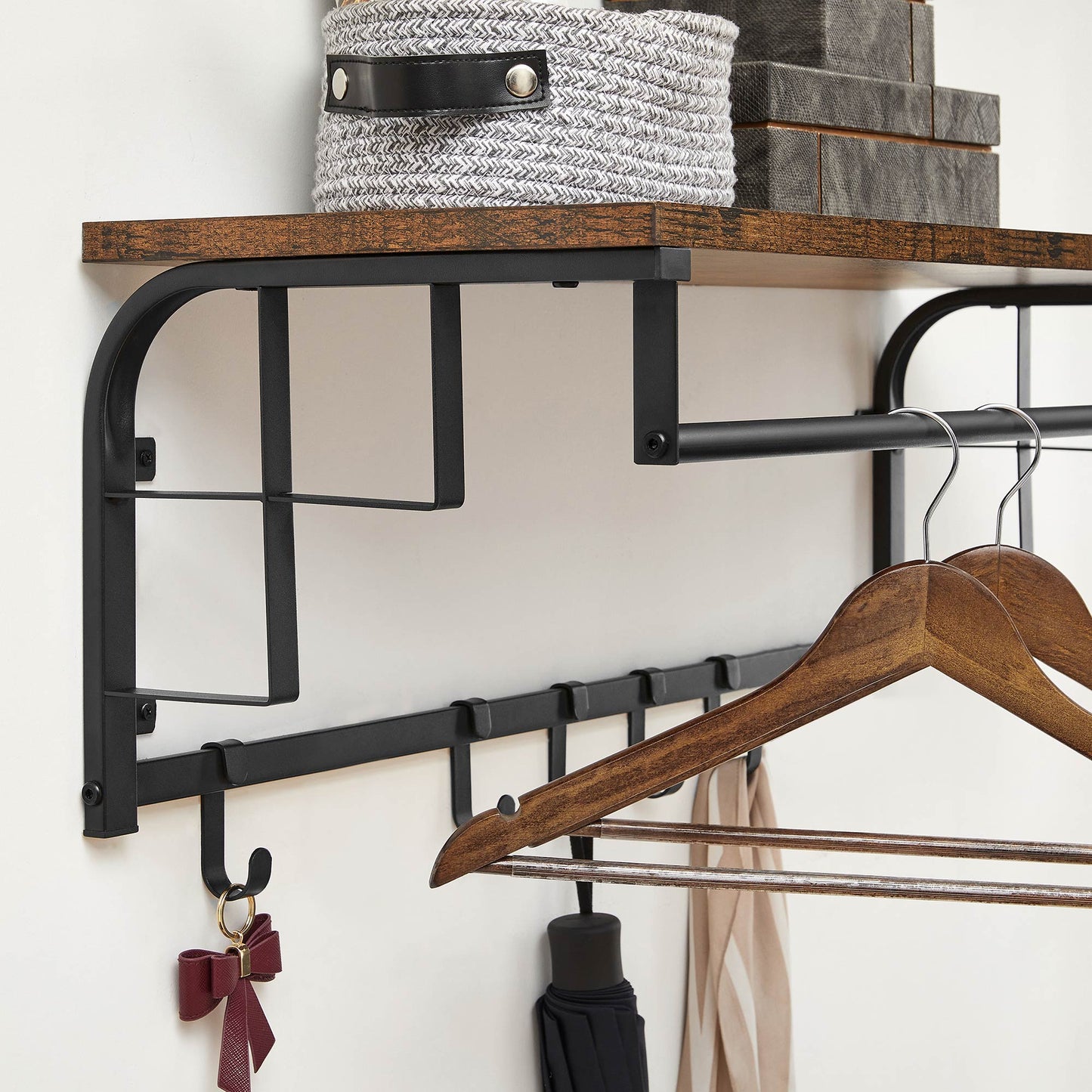 Wandgarderobe mit Ablage, Kleiderstange Wand, mit 5 Haken, wandmontiertes Hängeregal mit Kleiderstange, vintage, VASAGLE, 6