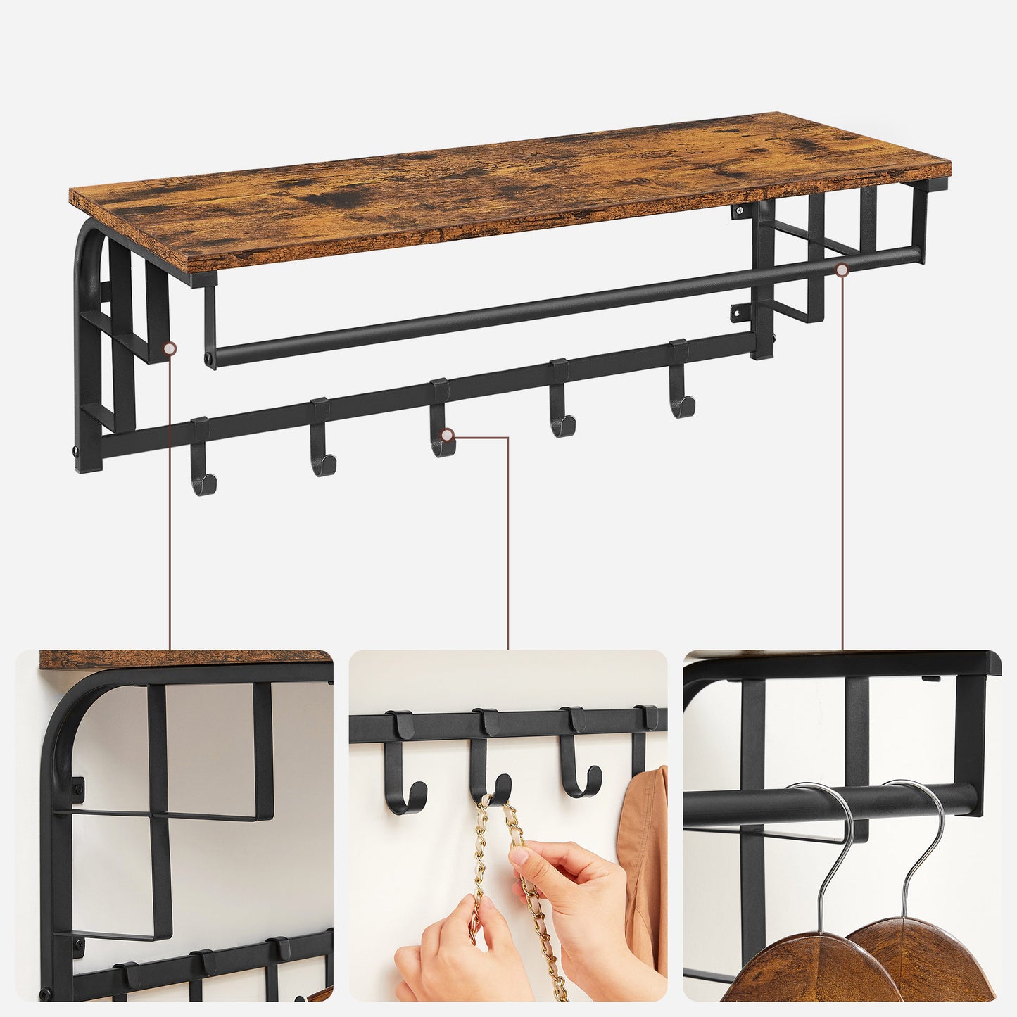 Wandgarderobe mit Ablage, Kleiderstange Wand, mit 5 Haken, wandmontiertes Hängeregal mit Kleiderstange, vintage, VASAGLE, 7