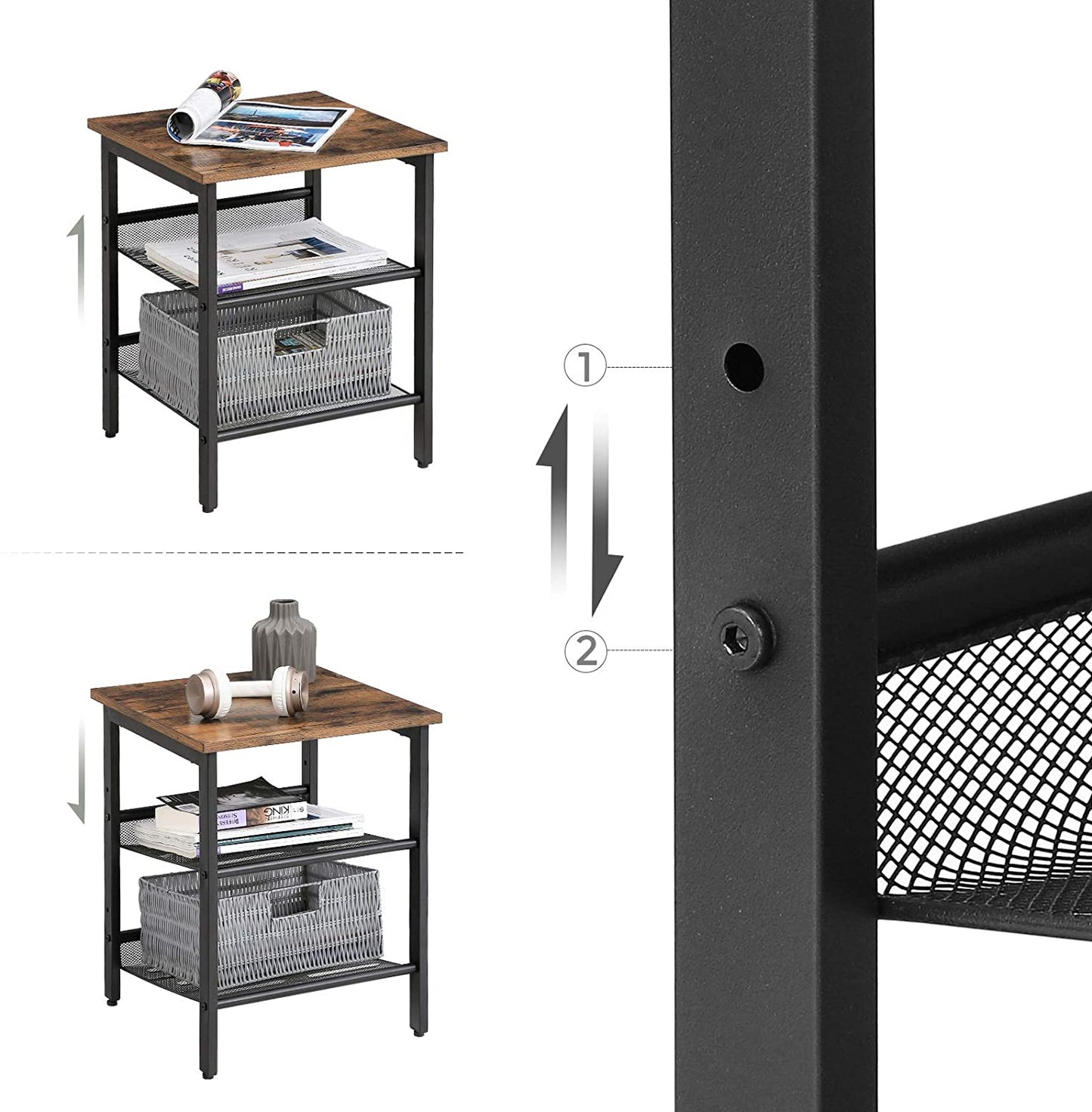 Nachttische, Beistelltisch-Set, 2er-Set, Sofatische, Betttisch, Couchtische mit verstellbaren Gitterablagen, Vasagle, 5