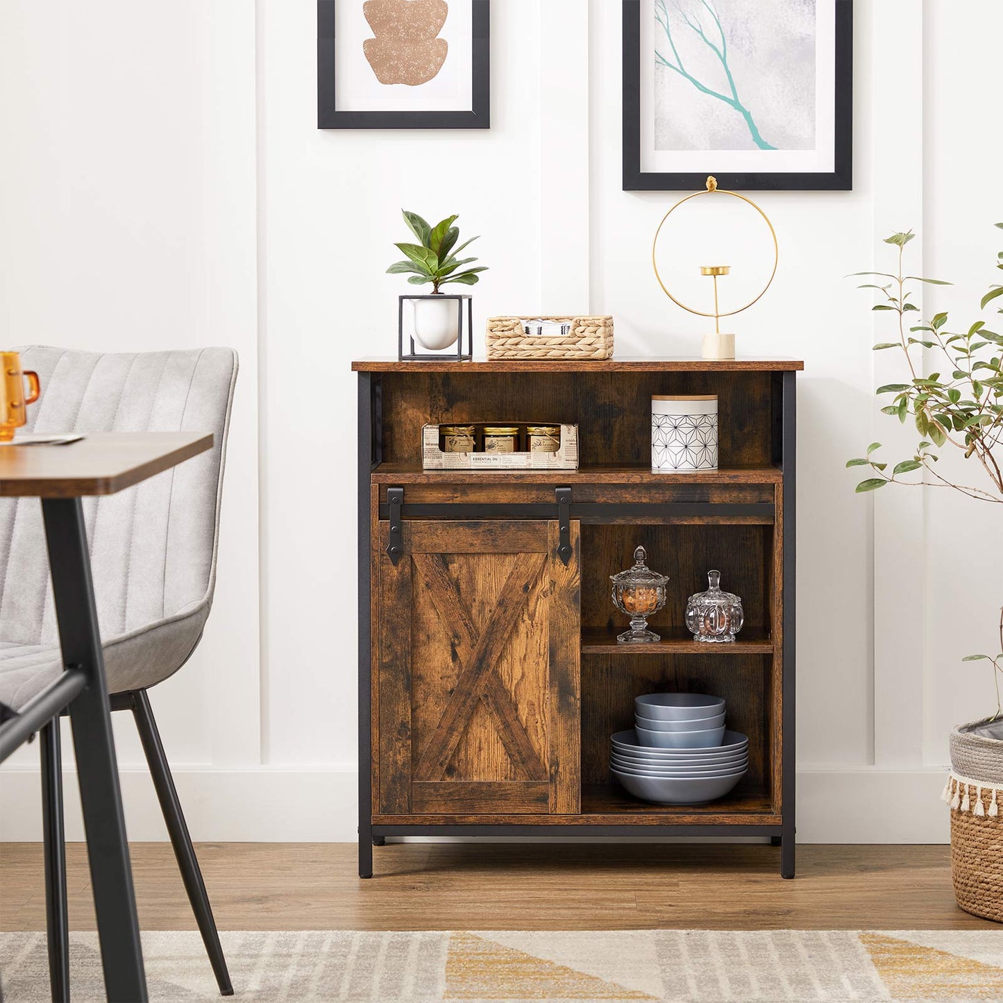 VASAGLE - Sideboard, Küchenschrank mit Schiebetür, offenes Fach, verstellbare Ablage, Industrie-Design, 70 x 30 x 80 cm