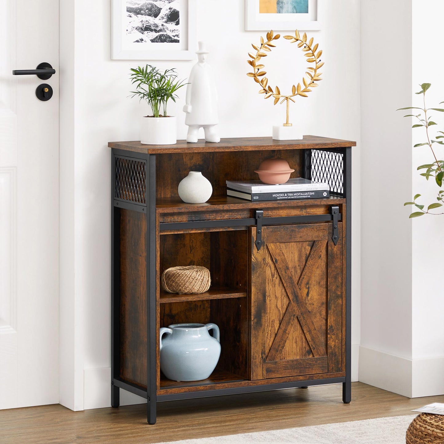 VASAGLE - Sideboard, Küchenschrank mit Schiebetür, offenes Fach, verstellbare Ablage, Industrie-Design, 70 x 30 x 80 cm