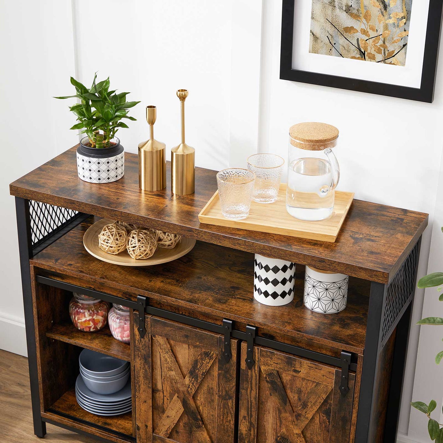 Sideboard, Küchenschrank, Küchen Sideboard, Aufbewahrungsschrank, mit 2 Schiebetüren, verstellbare Ablage, Vasagle, 3