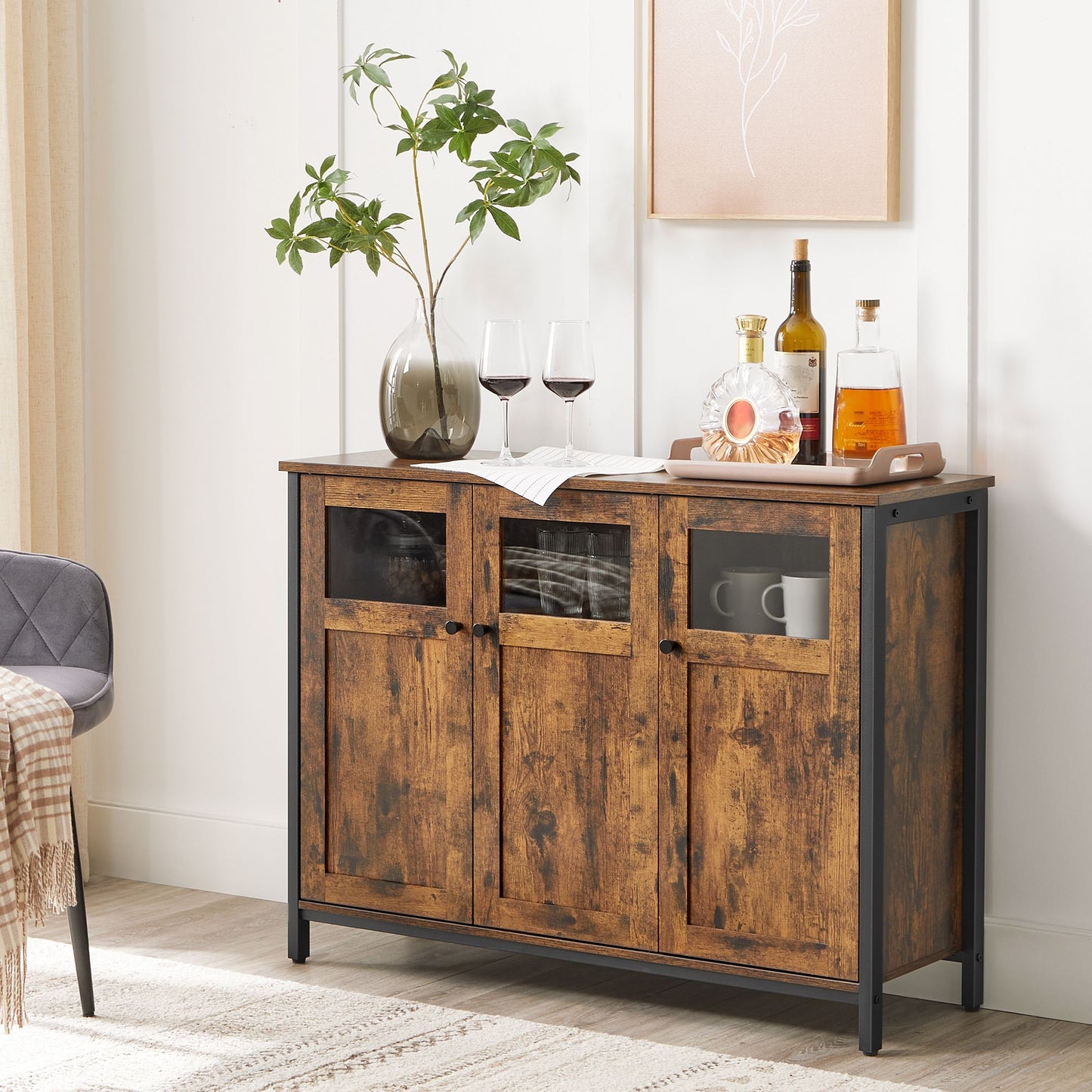 Sideboard, Küchenschrank, Flurschrank, Küchen Sideboard, Aufbewahrungsschrank, mit Glastüren, Esszimmer, Vasagle, 2