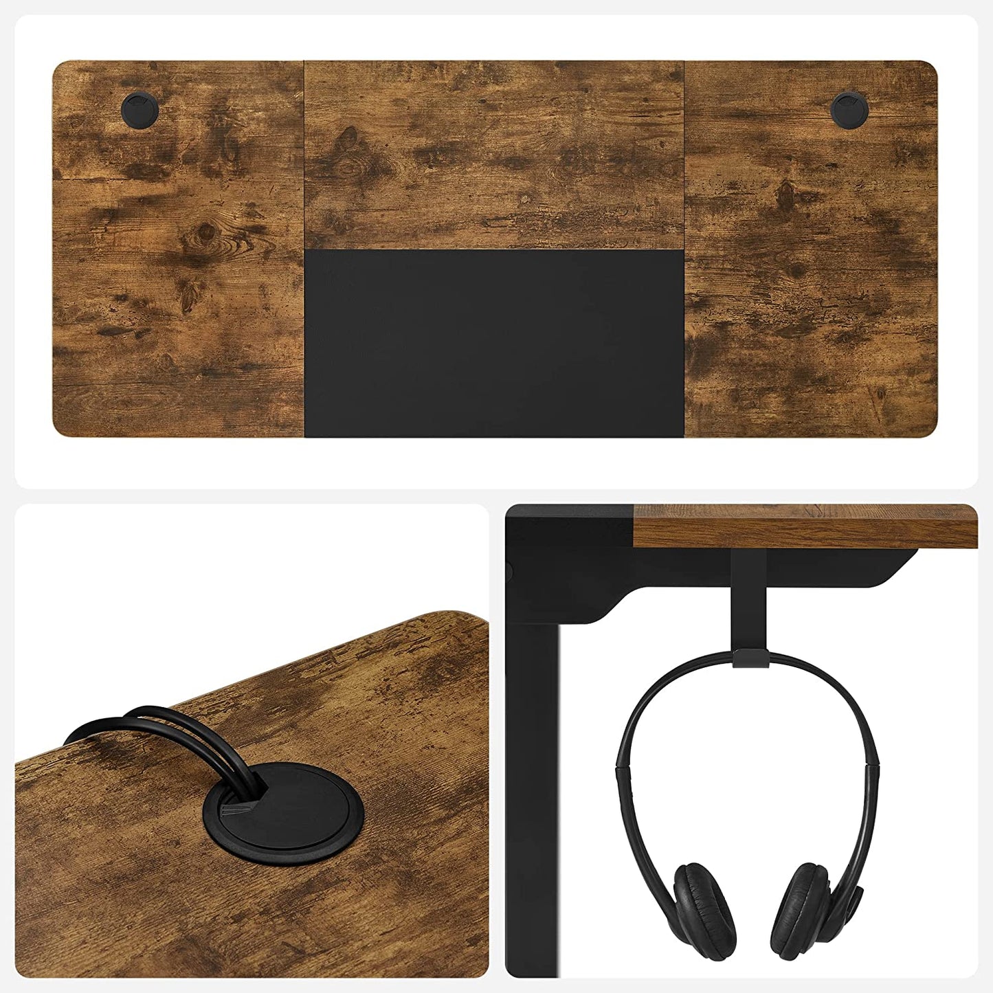 Schreibtisch, schreibtisch höhenverstellbar, gaming schreibtisch, laptoptisch, 2 Haken für Kopfhörer, Taschen, Songmics