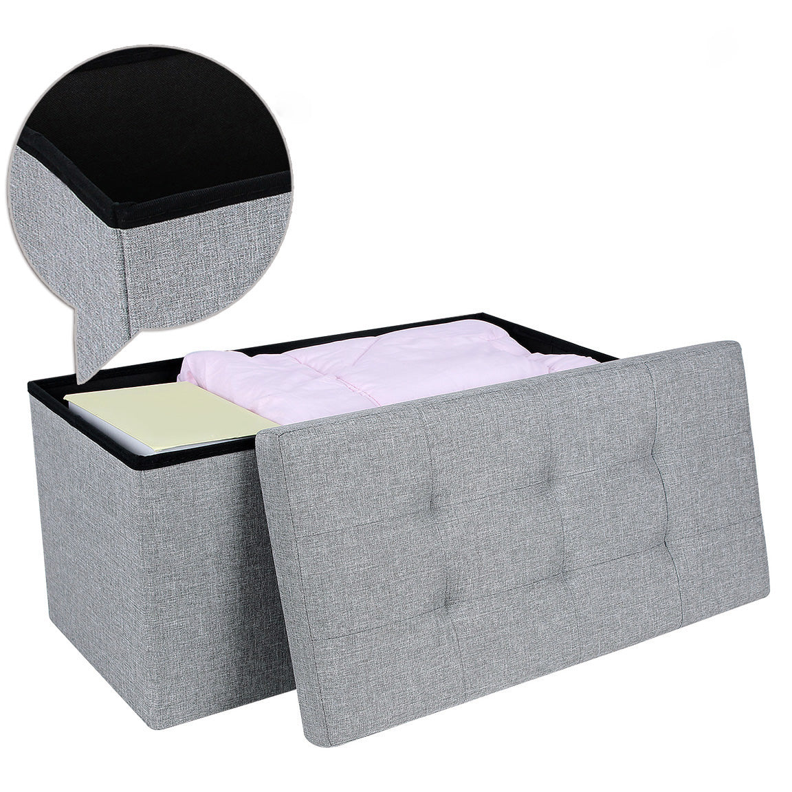 Songmics - Sitzbank, mit Stauraum, Sitztruhe, Sitzhocker, Aufbewahrungsbox, Fußablage, Faltbar, belastbar bis 300 kg, 80 L, Leinenimitat, Hellgrau