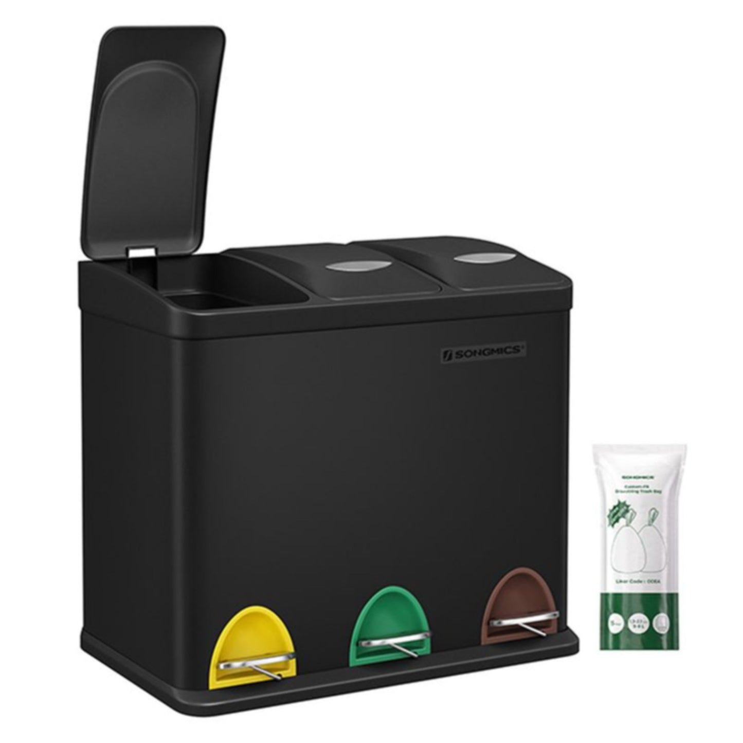 Mülleimer für die Küche, 3-in-1 Abfalleimer, 24 Liter, Mülltrennung, Treteimer aus Metall, Mülltrennsystem, robust, einfach zu reinigen, Stahl, schwarz, SONGMICS LTB24BK