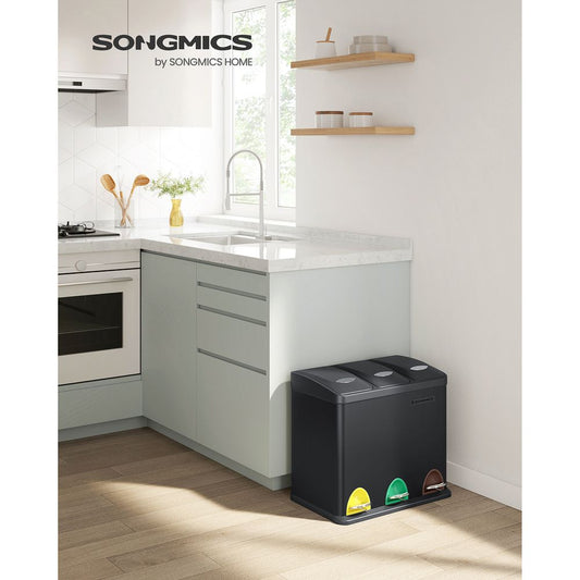 Mülleimer für die Küche, 3-in-1 Abfalleimer, 24 Liter, Mülltrennung, Treteimer aus Metall, Mülltrennsystem, robust, einfach zu reinigen, Stahl, schwarz, SONGMICS LTB24BK