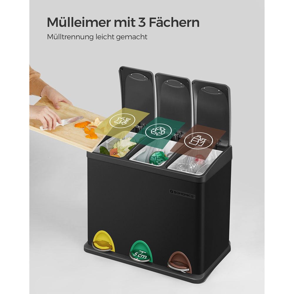 Mülleimer für die Küche, 3-in-1 Abfalleimer, 24 Liter, Mülltrennung, Treteimer aus Metall, Mülltrennsystem, robust, einfach zu reinigen, Stahl, schwarz, SONGMICS LTB24BK