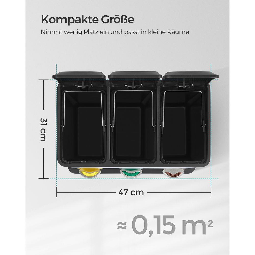 Mülleimer für die Küche, 3-in-1 Abfalleimer, 24 Liter, Mülltrennung, Treteimer aus Metall, Mülltrennsystem, robust, einfach zu reinigen, Stahl, schwarz, SONGMICS LTB24BK