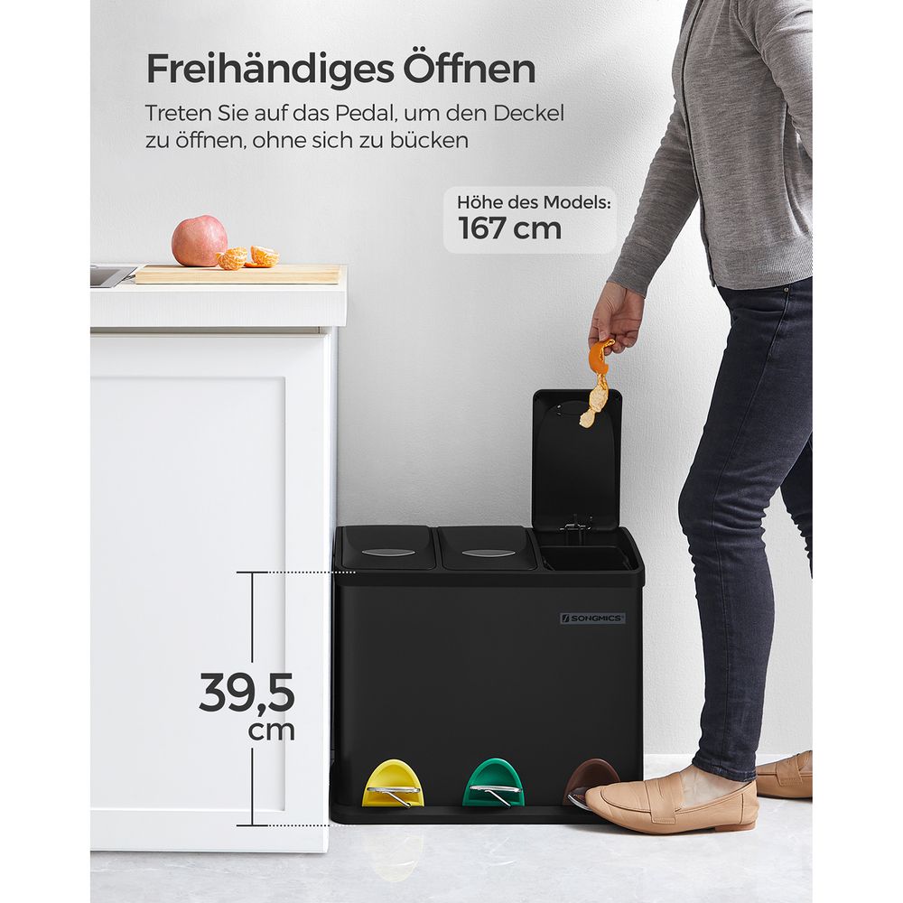 Mülleimer für die Küche, 3-in-1 Abfalleimer, 24 Liter, Mülltrennung, Treteimer aus Metall, Mülltrennsystem, robust, einfach zu reinigen, Stahl, schwarz, SONGMICS LTB24BK